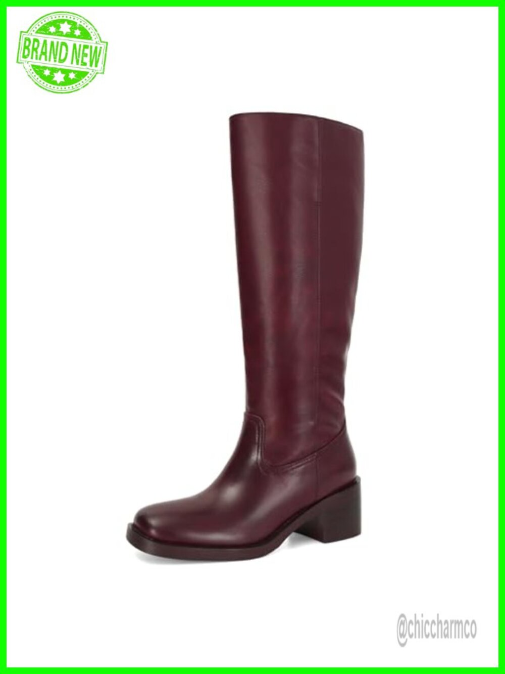 Faux Leather Square Toe Knee High Boots Chunky Block Heel Pull On